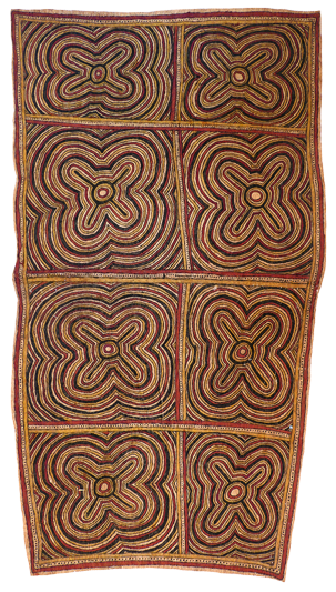 Australian Indigenous (Aboriginal and Torres Strait Islander) artwork by LILA WARRIMOU (MISASO) of Omie Artists. The title is Avinö’e ohu’o sabu deje - Moon and spots of the wood-boring grub. [10-090] (Natural Pigments on Nioge (Woman’s Barkcloth Skirt))