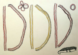 Australian Indigenous (Aboriginal and Torres Strait Islander) artwork by FATE SAVARI (ISAWDI) of Omie Artists. The title is Avin’e ajive, varib’e, ije biweje ohu’o jubuje - All the different bright lights shining around the Moon, Dahorurajé clan emblem, boys chopping tree branches and nocturnal marsupial (Fate Savari’s ‘signature’). [12-233] (Ink and Pencil on Card)