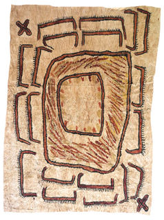 Australian Indigenous (Aboriginal and Torres Strait Islander) artwork by FATE SAVARI (ISAWDI) of Omie Artists. The title is Avinö’e ohu’o jij’e - Moon and stars. [17-032] (Natural Pigments on Barkcloth)