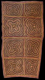 Australian Indigenous (Aboriginal and Torres Strait Islander) artwork by LILA WARRIMOU (MISASO) of Omie Artists. The title is Avinö’e ohu’o sabu deje - Moon and spots of the wood-boring grub. [10-090] (Natural Pigments on Nioge (Woman’s Barkcloth Skirt))