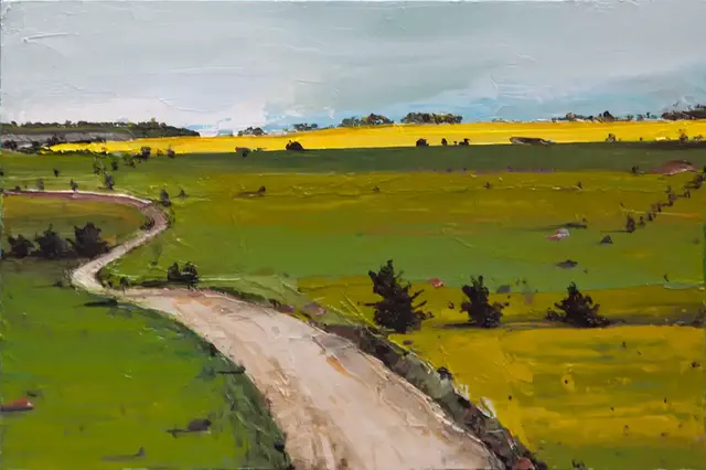 Australian Indigenous (Aboriginal and Torres Strait Islander) artwork by AMANDA PENROSE HART of Miscellaneous Artists. The title is Behind the Chateau. [APH201706042] (Oil on Board)