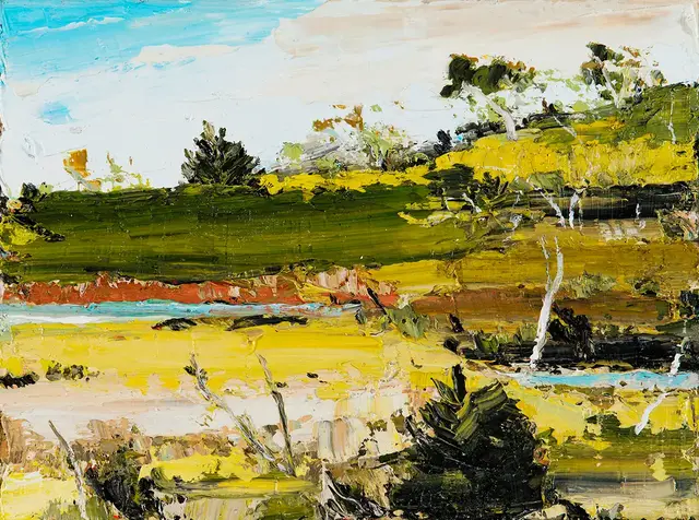 Australian Indigenous (Aboriginal and Torres Strait Islander) artwork by AMANDA PENROSE HART of Miscellaneous Artists. The title is Blue Skies. [APH201612008] (Oil on Canvas)