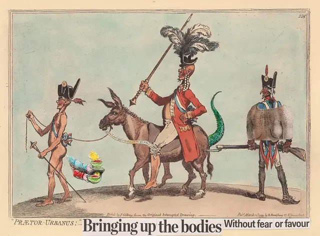 Australian Indigenous (Aboriginal and Torres Strait Islander) artwork by BROOK ANDREW of Miscellaneous Artists. The title is Bringing up the bodies Without fear or favour (8/30). [N/A] (Four-Colour Photolithograph, with Collaged Photolithograph Elements and Hand Colour - Edition of 30)