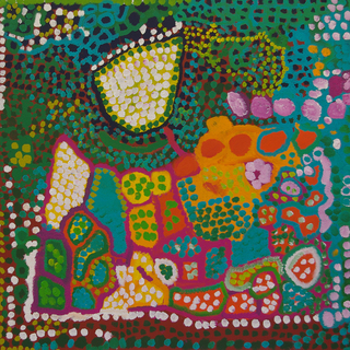 Australian Indigenous (Aboriginal and Torres Strait Islander) artwork by DAISY JAPULIJA of Mangkaja Artists. The title is Billabongs. [219/14] (Atelier Acrylic Paint on 14oz Canvas)