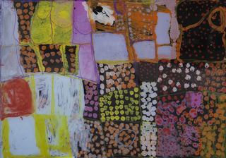 Australian Indigenous (Aboriginal and Torres Strait Islander) artwork by DAISY JAPULIJA of Mangkaja Artists. The title is Billabongs. [180/17] (Acrylic Paint on 3mm Poly-Carbonate)