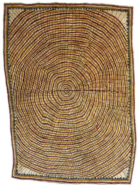 Australian Indigenous (Aboriginal and Torres Strait Islander) artwork by DAPENI JONEVARI (MOKOKARI) of Omie Artists. The title is Butotu’e ohu’o dahoru’e (Spiderweb and Ömie mountains). [16-021] (Appliquéd Mud-Dyed Nioge (Barkcloth))