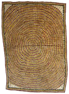Australian Indigenous (Aboriginal and Torres Strait Islander) artwork by DAPENI JONEVARI (MOKOKARI) of Omie Artists. The title is Butotu’e ohu’o dahoru’e (Spiderweb and Ömie mountains). [16-021] (Appliquéd Mud-Dyed Nioge (Barkcloth))