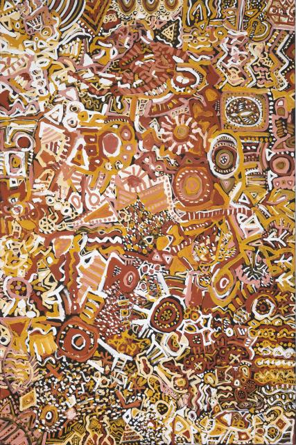 Australian Indigenous (Aboriginal and Torres Strait Islander) artwork by LEON (CAMERON) RUSSELL BLACK of Munupi Artists. The title is Bush Holiday Dreaming. [23-274] (Natural Earth Pigments on Canvas)