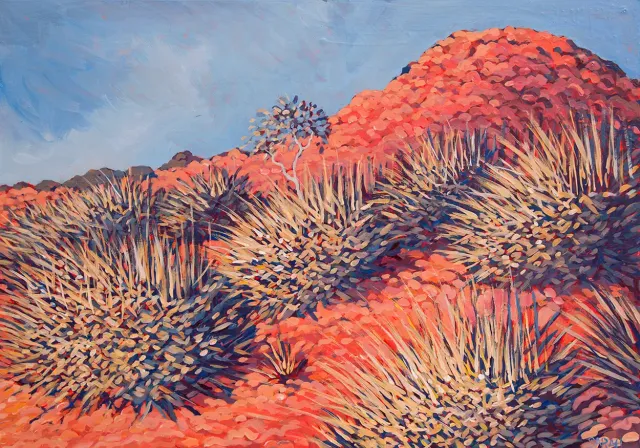 Australian Indigenous (Aboriginal and Torres Strait Islander) artwork by SARAH BROWN of Miscellaneous Artists. The title is Back of Kintore. [SB201610043] (Acrylic on Gesso Board)