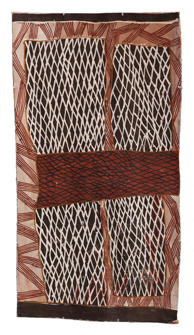 Australian Indigenous (Aboriginal and Torres Strait Islander) artwork by NONGGIRRINGA MARAWILI of Buku-Larrnggay Mulka (Yirrkala). The title is Baratjula. [4783J] (Natural Earth Pigments on Bark - Nuwayak)
