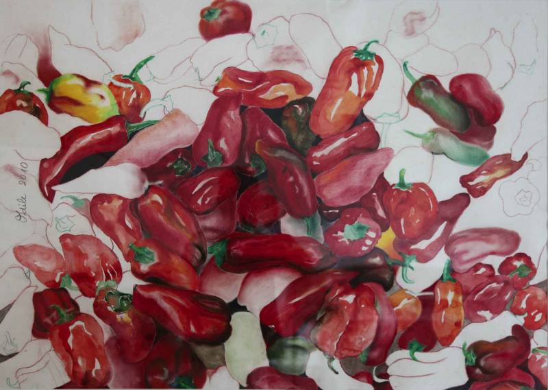 Australian Indigenous (Aboriginal and Torres Strait Islander) artwork by ODILE REGNIER of Miscellaneous Artists. The title is Beautiful Yunnan. [IMG_1892] (Water colour and pastel on paper)