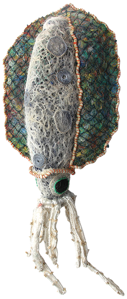 Australian Indigenous (Aboriginal and Torres Strait Islander) artwork by FLORENCE GUTCHEN of Erub Erwer Meta. The title is Bidai. [16-125] (Ghost Nets, Plastic Trellis, Rope & Twine)