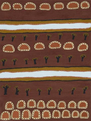 Australian Indigenous (Aboriginal and Torres Strait Islander) artwork by ROSELEEN PARK of Warmun Artists. The title is Blackfella Creek. [WAC 091/09] (Natural Ochre and Pigments on Canvas)
