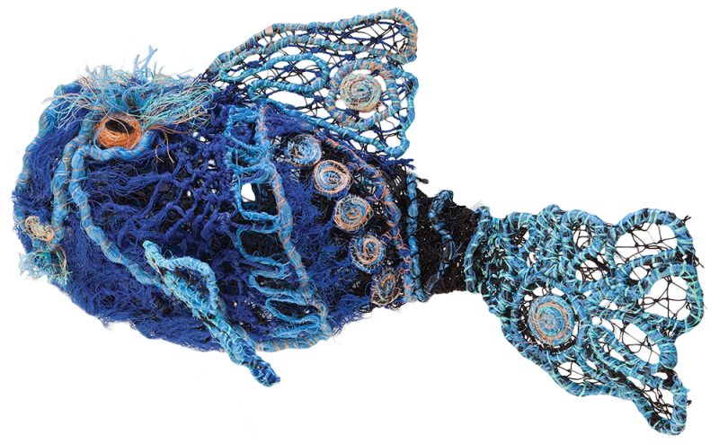 Australian Indigenous (Aboriginal and Torres Strait Islander) artwork by MARION GAEMERS of Miscellaneous Artists. The title is Blue Fish. [MG_2015_01] (Ghost Nets over Wrapped Chicken Wire, Rope & Twine)