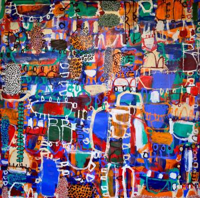 Australian Indigenous (Aboriginal and Torres Strait Islander) artwork by NAOMI HOBSON of Miscellaneous Artists. The title is Blue Moon Rain. [NH202108002] (Acrylic on Linen)