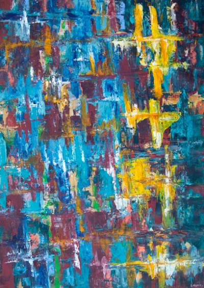 Australian Indigenous (Aboriginal and Torres Strait Islander) artwork by IRENE NAMOK of Lockhart River Artists. The title is Blue Sky Water Reflection. [in20130501] (Acrylic on Linen)