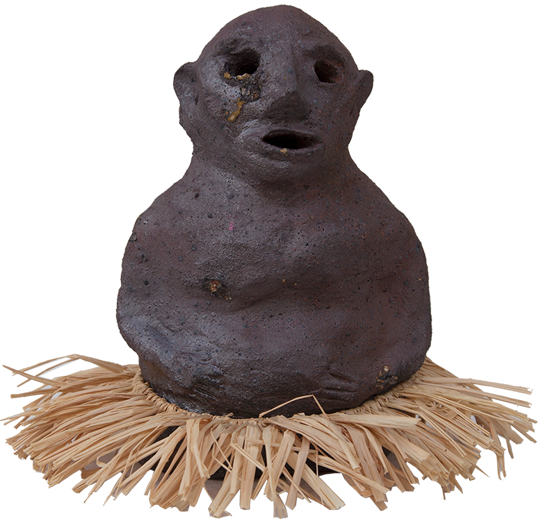 Australian Indigenous (Aboriginal and Torres Strait Islander) artwork by KAPUA GUTCHEN of Erub Erwer Meta. The title is Boolwaal. [12-140] (Woodfired Stoneware with Natural Fibre Decoration)