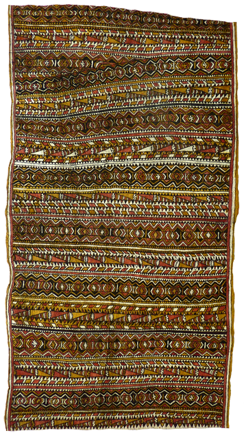 Australian Indigenous (Aboriginal and Torres Strait Islander) artwork by LILLIAS BUJAVA (KAUSARA) of Omie Artists. The title is Buborianö’e, Siha’e, Bureji Sor’e, Bumare Edwé, Vavodeje Ja’e Ohu’o Vë’i Ija Ahé – Beaks of Blyth’s Hornbill, Fruit of the Sihe Tree, Leaf Markings on the Woven Mat, Gourd-Shaped Orchid Leaf, Bush Rope and Tailbone of the Lizard. [OM12-020] (Natural Pigments on Nioge (Woman’s Barkcloth Skirt))