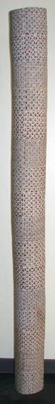 Australian Indigenous (Aboriginal and Torres Strait Islander) artwork by DJIRRIRRA WUNUNGMURRA of Buku-Larrnggay Mulka (Yirrkala). The title is Buyku. [3547Z] (Earth Pigments on Hollowed Pole)