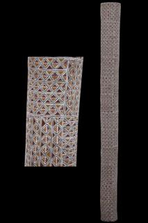 Australian Indigenous (Aboriginal and Torres Strait Islander) artwork by DJIRRIRRA WUNUNGMURRA of Buku-Larrnggay Mulka (Yirrkala). The title is Buyku. [3502G] (Earth Pigments on Hollowed Pole)
