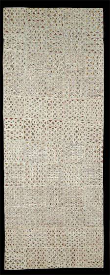 Australian Indigenous (Aboriginal and Torres Strait Islander) artwork by DJIRRIRRA WUNUNGMURRA of Buku-Larrnggay Mulka (Yirrkala). The title is Buyku. [3509M] (Bark Painting)