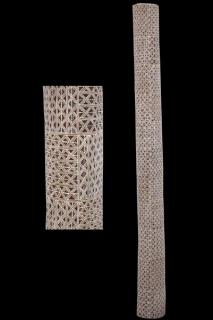 Australian Indigenous (Aboriginal and Torres Strait Islander) artwork by DJIRRIRRA WUNUNGMURRA of Buku-Larrnggay Mulka (Yirrkala). The title is Buyku. [3664G] (Earth Pigments on Hollowed Pole)