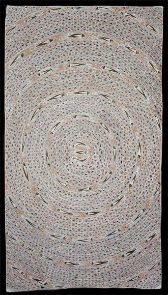 Australian Indigenous (Aboriginal and Torres Strait Islander) artwork by DJIRRIRRA WUNUNGMURRA of Buku-Larrnggay Mulka (Yirrkala). The title is Buyku Vortex. [3592R] (Bark Painting)