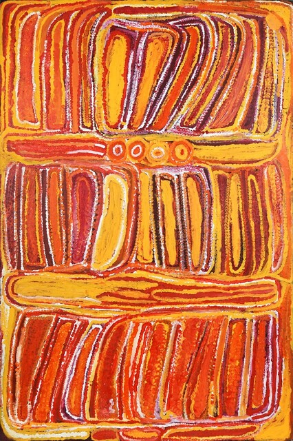 Australian Indigenous (Aboriginal and Torres Strait Islander) artwork by EUBENA NAMPITJIN of Warlayirti Artists (Balgo). The title is Canning Stock Route, Near Koonawarritji. [627/98] (Acrylic on Linen)