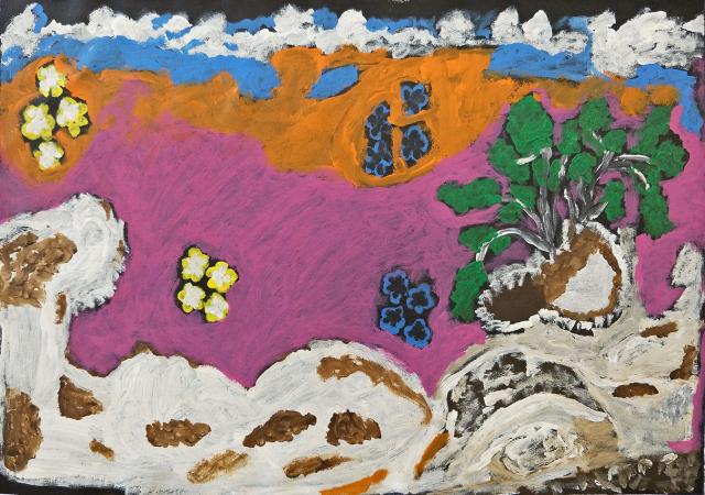 Australian Indigenous (Aboriginal and Torres Strait Islander) artwork by JANET KOONGOTEMA of Wik and Kugu Art Centre. The title is Cheyem anpalaniy menhang ukan (Cheyem coming from this way). [JK004] (Synthetic Acrylic Polymer Paint on Canvas)