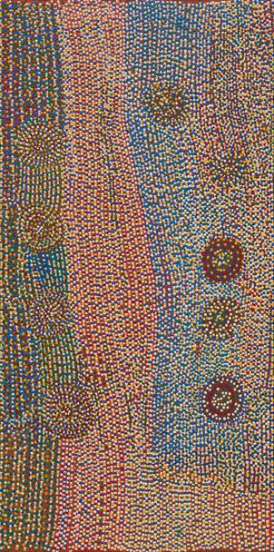 Australian Indigenous (Aboriginal and Torres Strait Islander) artwork by ROSIE WILLIAMS of Martumili Artists. The title is Canning Stock Route Country. [08-456] (Acrylic on Linen)