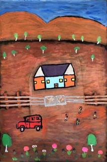 Australian Indigenous (Aboriginal and Torres Strait Islander) artwork by ELIZABETH BEASLEY of Tangentyere Artists. The title is Canteen Creek, My Home. [TAEB09C3533] (Acrylic on Canvas)