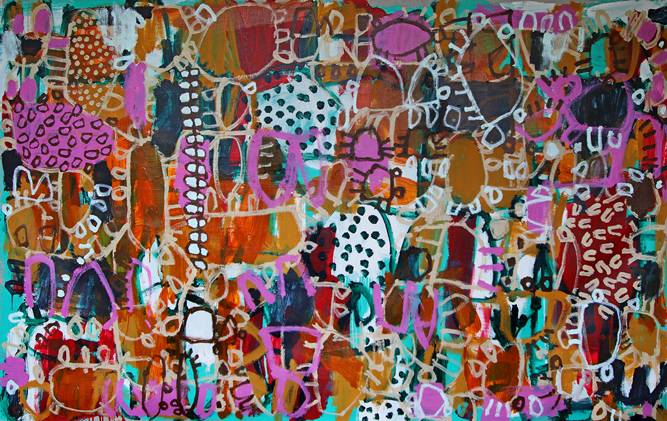 Australian Indigenous (Aboriginal and Torres Strait Islander) artwork by NAOMI HOBSON of Miscellaneous Artists. The title is Catch the Leaves. [NH202009001] (Acrylic on Linen)