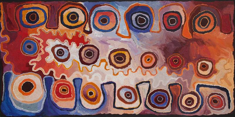 Australian Indigenous (Aboriginal and Torres Strait Islander) artwork by ANGKALIYA CURTIS of Tjungu Palya Artists. The title is Cave Hill. [18-012] (Synthetic Acrylic Polymer Paint on Linen)