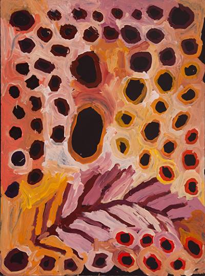 Australian Indigenous (Aboriginal and Torres Strait Islander) artwork by HELEN CURTIS of Tjungu Palya Artists. The title is Cave Hill. [18-033] (Synthetic Acrylic Polymer Paint on Board)