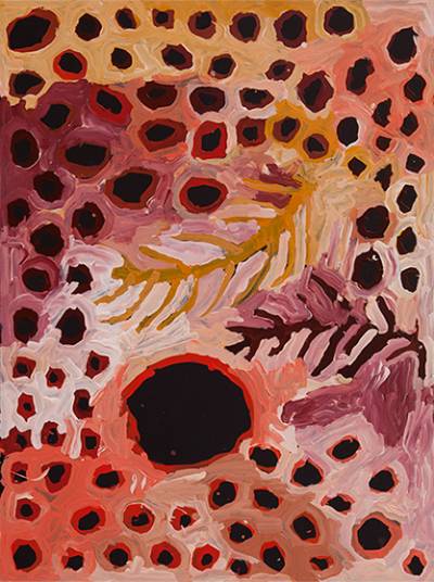 Australian Indigenous (Aboriginal and Torres Strait Islander) artwork by HELEN CURTIS of Tjungu Palya Artists. The title is Cave Hill. [18-036] (Synthetic Acrylic Polymer Paint on Board)