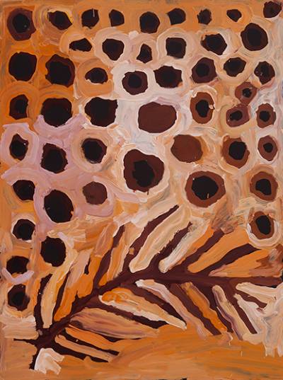 Australian Indigenous (Aboriginal and Torres Strait Islander) artwork by HELEN CURTIS of Tjungu Palya Artists. The title is Cave Hill. [18-038] (Synthetic Acrylic Polymer Paint on Board)