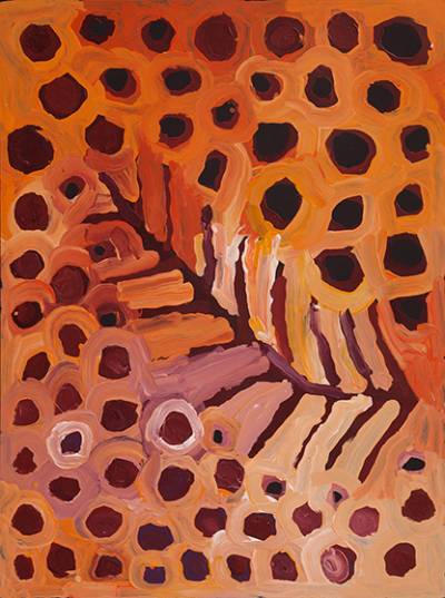 Australian Indigenous (Aboriginal and Torres Strait Islander) artwork by HELEN CURTIS of Tjungu Palya Artists. The title is Cave Hill. [18-039] (Synthetic Acrylic Polymer Paint on Board)