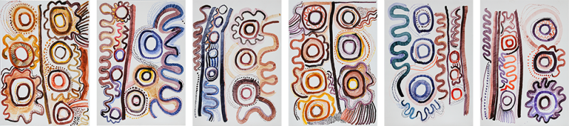 Australian Indigenous (Aboriginal and Torres Strait Islander) artwork by ANGKALIYA CURTIS of Tjungu Palya Artists. The title is Cave Hill. [18-050; 051; 052; 053; 056; 057] (Ink on Traditional Gesso Board)