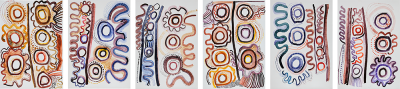 Australian Indigenous (Aboriginal and Torres Strait Islander) artwork by ANGKALIYA CURTIS of Tjungu Palya Artists. The title is Cave Hill. [18-050; 051; 052; 053; 056; 057] (Ink on Traditional Gesso Board)
