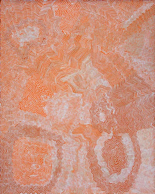 Australian Indigenous (Aboriginal and Torres Strait Islander) artwork by BOBBY WEST TJUPURRULA of Papunya Tula Artists. The title is Ceremonial Sites in Kiwirrkura and Wilkinkarra. [BW1407068] (Acrylic on Belgian Linen)