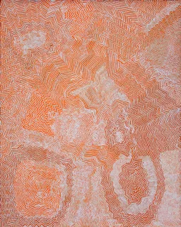 Australian Indigenous (Aboriginal and Torres Strait Islander) artwork by BOBBY WEST TJUPURRULA of Papunya Tula Artists. The title is Ceremonial Sites in Kiwirrkura and Wilkinkarra. [BW1407068] (Acrylic on Belgian Linen)