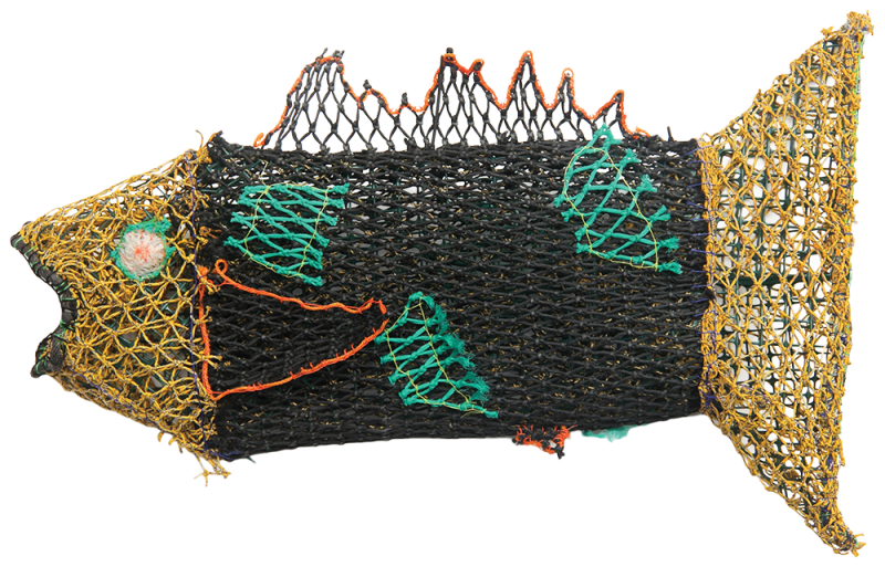 Australian Indigenous (Aboriginal and Torres Strait Islander) artwork by SARAH DAWN GELA of Erub Erwer Meta. The title is Charles. [15-103] (Ghost Nets & Twine over Mesh Frame)