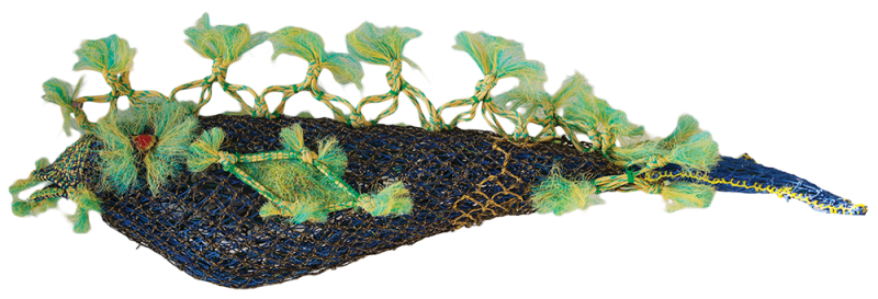 Australian Indigenous (Aboriginal and Torres Strait Islander) artwork by ETHEL CHARLIE of Erub Erwer Meta. The title is Charlie. [15-110] (Ghost Nets & Twine over Mesh Frame)