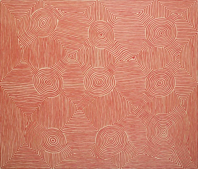 Australian Indigenous (Aboriginal and Torres Strait Islander) artwork by GEORGE TJUNGURRAYI of Papunya Tula Artists. The title is Claypan Site - Kirrimalunya. [GT0303241] (Acrylic on Belgian Linen)