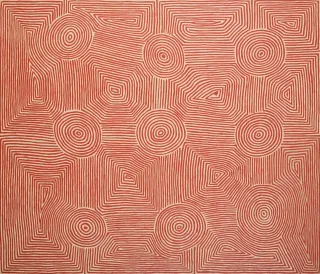 Australian Indigenous (Aboriginal and Torres Strait Islander) artwork by GEORGE TJUNGURRAYI of Papunya Tula Artists. The title is Claypan Site - Kirrimalunya. [GT0303241] (Acrylic on Belgian Linen)