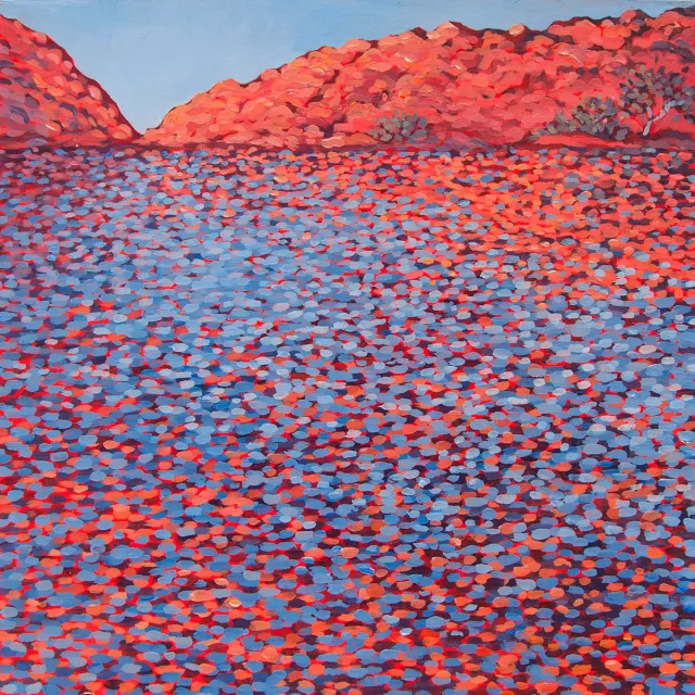 Australian Indigenous (Aboriginal and Torres Strait Islander) artwork by SARAH BROWN of Miscellaneous Artists. The title is Claypans after Rain, Alice Springs. [SB201512004] (Acrylic on Gesso Board)