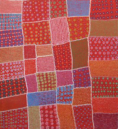 Australian Indigenous (Aboriginal and Torres Strait Islander) artwork by GRACE ROBINYA of Tangentyere Artists. The title is Coloured Blankets. [TAGR10C3947] (Acrylic on Canvas)