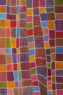 Australian Indigenous (Aboriginal and Torres Strait Islander) artwork by GRACE ROBINYA of Tangentyere Artists. The title is Coloured Blankets. [TAGR10C4006] (Acrylic on Canvas)