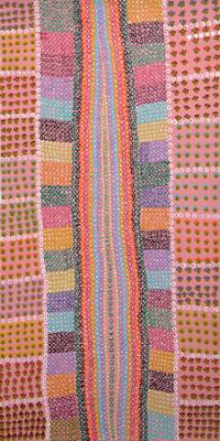 Australian Indigenous (Aboriginal and Torres Strait Islander) artwork by GRACE ROBINYA of Tangentyere Artists. The title is Coloured Blankets. [TAGR10C4334] (Acrylic on Canvas)