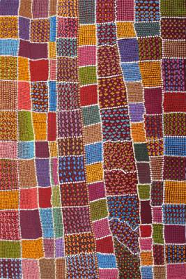 Australian Indigenous (Aboriginal and Torres Strait Islander) artwork by GRACE ROBINYA of Tangentyere Artists. The title is Coloured Blankets. [TAGR10C4006] (Acrylic on Canvas)